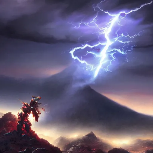 Image similar to UHD Closeup of constipated Samurai in a cosmic lightning storm on top of a mountain, painted in the style of Greg Rutkowski, Ferdinand Knab, and Todd McFarlane