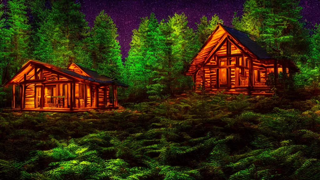 Prompt: portrait of an ethereal log cabin made of golden purple and green light, evergreen forest, divine, cyberspace, mysterious, high-contrast, 4k, award-winning photograph