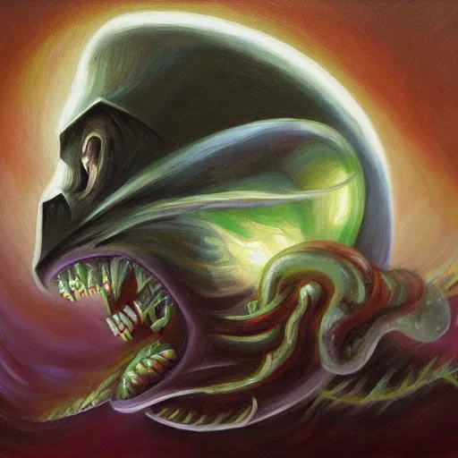 Image similar to A small spaceship fights an eldritch abomination with facial features. Oil painting