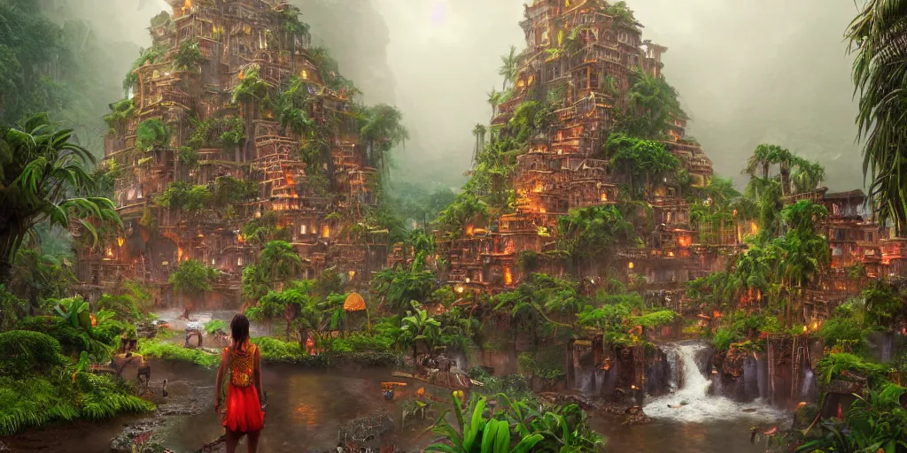 Image similar to aztec jungle village, ornate, beautiful, atmosphere, mist, vibe, smoke, beautiful, rain, reflection, pristine, puddles, waterfall, melting, dripping, wild look, mattepainting concept blizzard pixar maya engine splash comics global illumination lighting artstation, sharp focus, ilya kuvshinov, rossdraws