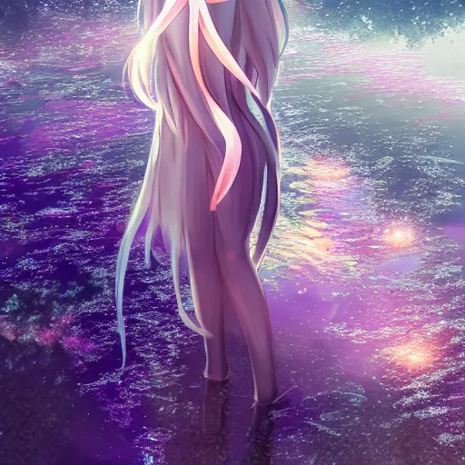 Image similar to advanced digital anime art, WLOP , a gorgeous high school girl with long gold and silver hair wearing a violet dress and bare feet walking through a crystal clear river, DOF, Gaussian Blur,