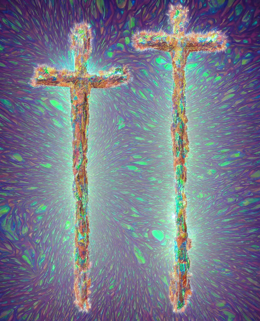 Image similar to a crystalline 3 d mandelbulb fractal in the shape of jesus christ on the cross, bioluminescent opal, fractal, magnificent lighting, ethereal, ray tracing, octane, holographic