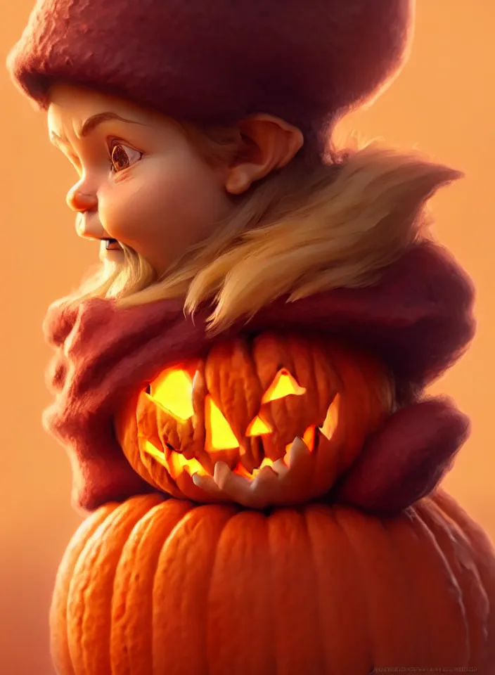 Image similar to hand drawn cute one gnomes face in autumn and pumpkin, detailed closeup face, concept art, low angle, high detail, warm lighting, volumetric, godrays, vivid, beautiful, trending on artstation, art by artgerm and greg rutkowski and alphonse mucha