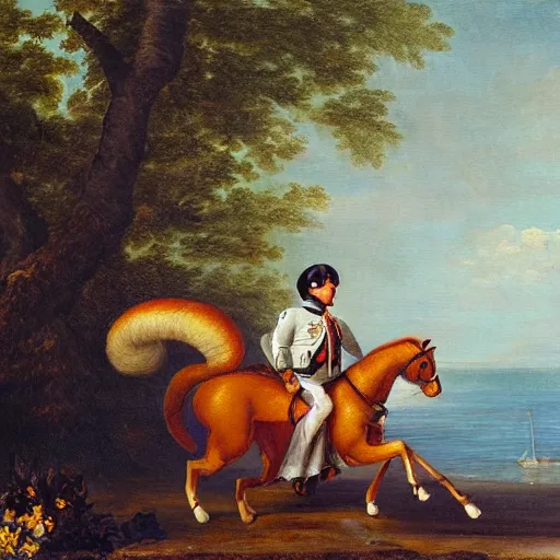 Image similar to a giant squirrel carrying napoleon bonaparte on its back, beach scene with flowers and foliage, detailed oil painting