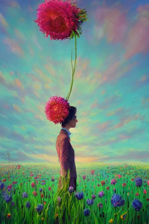 Prompt: closeup, giant flower head, girl in suit standing in a field of flowers, surreal photography, sunrise, blue sky, dramatic light, impressionist painting, digital painting, artstation, simon stalenhag