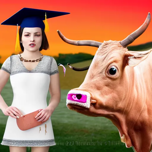 Prompt: a well dressed milkshake wearing a dress next to a brilliant shrimp wearing an academic cap inside the mouth of a cow, digital art, photorealistic