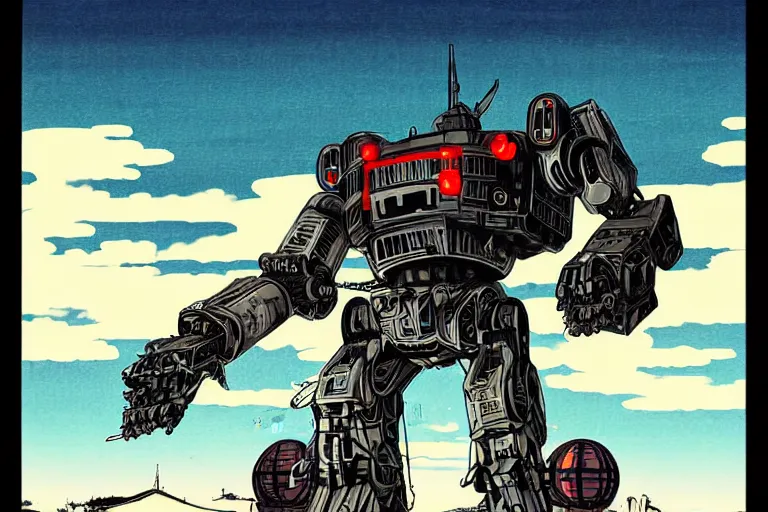 Image similar to giant war robot, photoillustration ink drawing acrylic art digital illustration oil on canvas photorealistic polished sci - fi ukiyo - e david rios ferreira filmic stock photo landscape polished photorealistic
