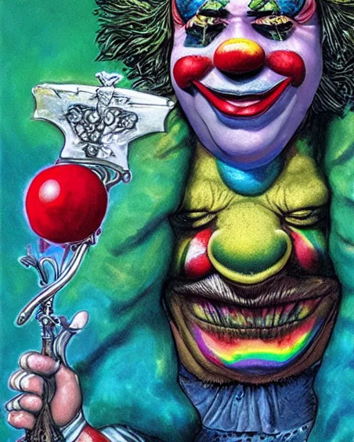 Image similar to clown frog king pulls the sword from the stone, clown frog king wearing clown makeup and rainbow wig, clown crown artwork by Glenn Fabry