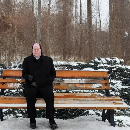 Prompt: Kevin Malone wearing a black ushanka hat and black wool overcoat sitting on a park bench during the winter