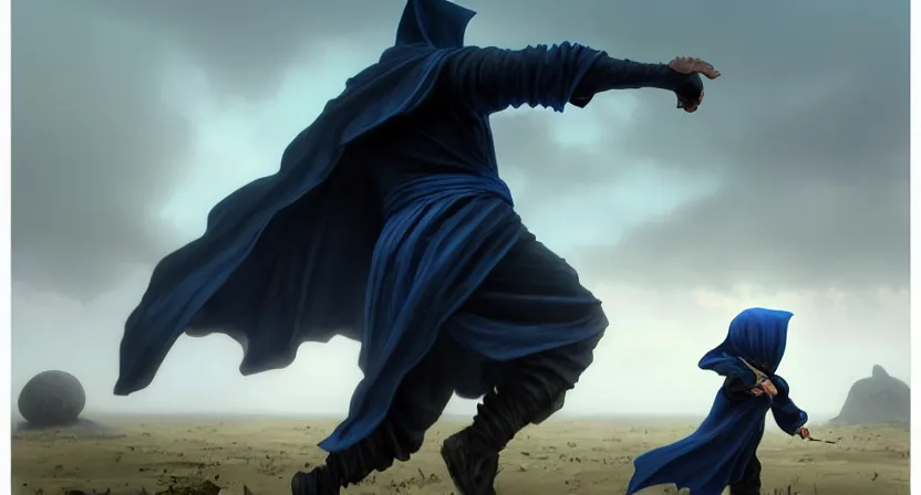 Prompt: tiny male mage running away from a giant skull, black hair wearing hooded gothic blue robe, bone mountain, movie action still frame, ultra wide horizon, intricate, elegant, highly detailed, hyperrealism, digital painting, concept art, smooth, sharp, focus, illustration, art by artgerm, greg rutkowski, ilya kuvshinov, alphonse mucha