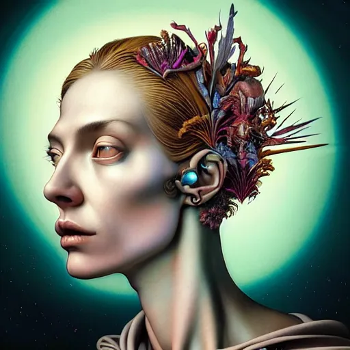 Prompt: Colour Caravaggio style Photography of Beautiful woman with highly detailed 1000 years old face wearing higly detailed sci-fi halo above head and Woman wearing hyperrealistic sci-fi dress ,designed by Josan Gonzalez. Many details . In style of Josan Gonzalez and Mike Winkelmann andgreg rutkowski and alphonse muchaand and Caspar David Friedrich and Stephen Hickman and James Gurney and Hiromasa Ogura. volumetric natural light