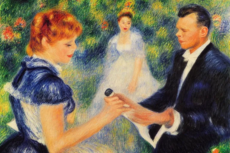 Image similar to frank sinatra and peggy lee singing at the hollywood bowl, by renoir and margaret keene and monet,