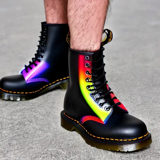 Image similar to a black leather dr martens boot with rainbow laces