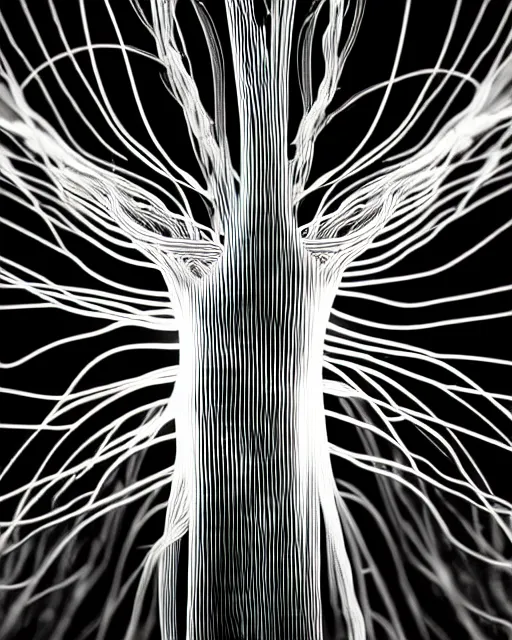 Image similar to black and white connected cyborg - plant goddess high quality photo, microchip, artificial intelligence, bio - mechanical bio - luminescence, black wired cables, neurons, nerve cells, cinematic, rim light, photo - realistic, elegant, high detail, 8 k, masterpiece, high fashion, in the style of man ray