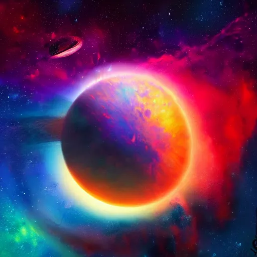 Image similar to the most colorful drawing of the sky, planets and galaxies, vivid, powerful, beautiful, artstation, 8 k
