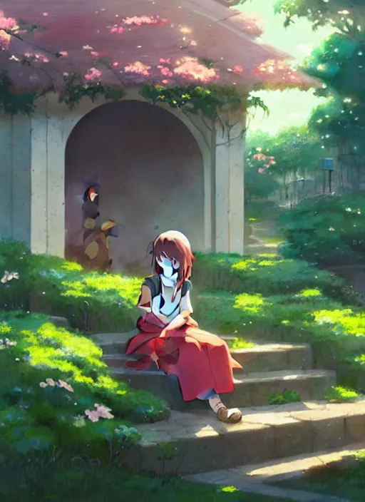 Image similar to girl sitting on a stair where there is an arched shed, many green plant and flower gowing on it, illustration concept art anime key visual trending pixiv fanbox by wlop and greg rutkowski and makoto shinkai and studio ghibli