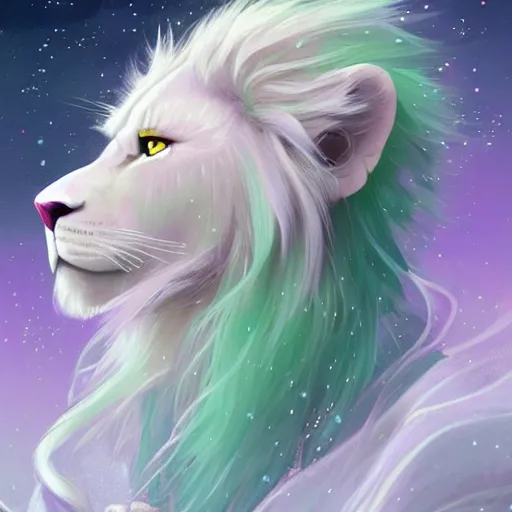 Image similar to aesthetic portrait commission of a albino male furry anthro lion controlling glistening floating bubbles with telekinesis power while wearing a mint colored cozy soft pastel wizard outfit, winter/fantasy Atmosphere. Character design by charlie bowater, ross tran, artgerm, and makoto shinkai, detailed, inked, western comic book art, 2021 award winning painting