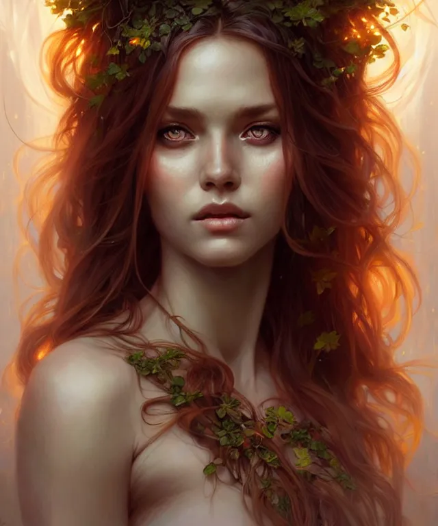 Image similar to Forest nymph woman portrait, amber eyes, face, long hair, fantasy, intricate, elegant, highly detailed, digital painting, artstation, concept art, smooth, sharp focus, illustration, art by artgerm and greg rutkowski and alphonse mucha