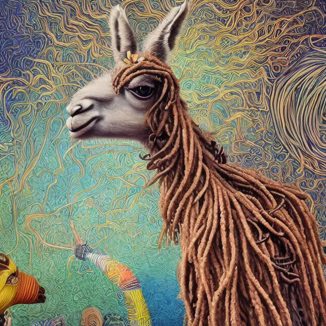 Image similar to llama with dreadlocks, by mandy jurgens, ernst haeckel, patrick caulfield, james jean