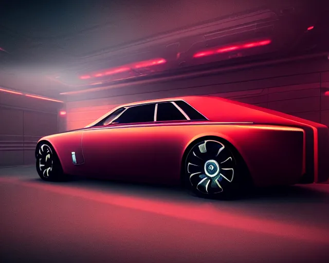 Image similar to future rolls royce car with red neon, 2 0 5 0 sci - fi, full frame, dark and mysterious, atmospheric, ominous, eerie, cinematic light, epic, 8 k 3 d, ultra detail, ultra realistic, by wlop, by mucha, by giger