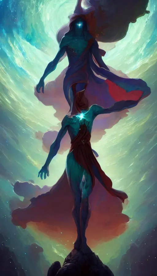 Image similar to god with a cape, epic scene, colors, holy, full body, galaxy, and, stars, atmosphere, unreal engine, pixar, video game, ethereal, insanely, detailed, volumetric, symmetrical, concept art, peter mohrbacher, charlie bowater, unreal engine, artstation, cinematic, video game, digital painting, artist maena