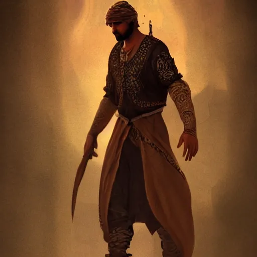 Image similar to Arab man, high resolution fantasy concept art, realistic, intricate details, soft lighting