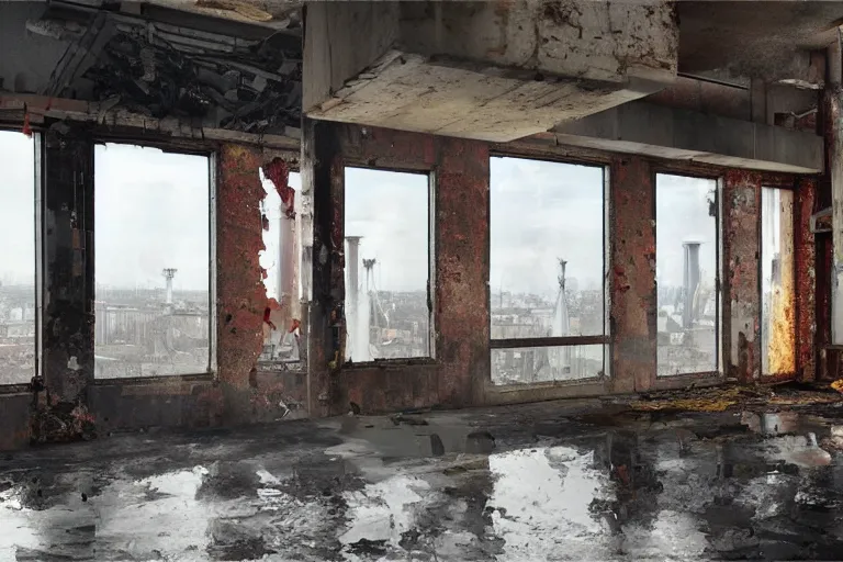 Image similar to palette knife oil pairing of an open - plan loft apartment with a panoramic view of a grim industrial landscape of cooling towers and rusted silos. inside, the apartment is fancy but filled with mess. extreme detail, artstation trending, artgerm, deviant art, octane, substance, art history 8 k