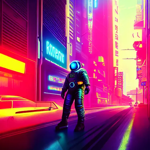 Prompt: professional photo of astronaut on cyberpunk street, synthwave, blade runner, hyperrealistic masterpiece, trending on artstation, cgsociety, kodakchrome, golden ratio, cinematic, composition, beautiful lighting, hyper detailed, sharp focus, octane render, 4 k, unreal engine