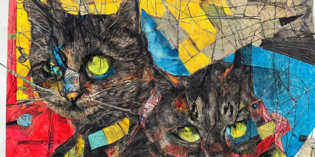 Prompt: mad cat on a chain, collage, acrylic on canvas, lines with colored pencils, newspaper clippings, expressionism movement, breathtaking detailed, by blake neubert