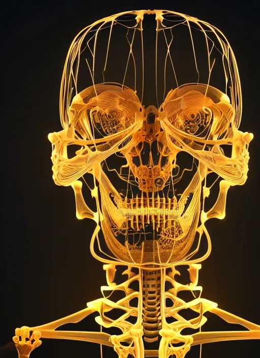 Image similar to parametric mechanical skeleton with human face, wires, glowing internal light, hyperdetailed, by alex grey, intricate linework, faberge, intricate gold linework, dark atmosphere, unreal engine 5 highly rendered, global illumination, radiant light, detailed and intricate environment