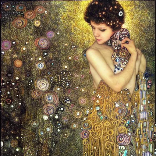 Image similar to dreamy angels, full clothes, cybernetic, in the cosmos, intricate detail, klimt, royo,
