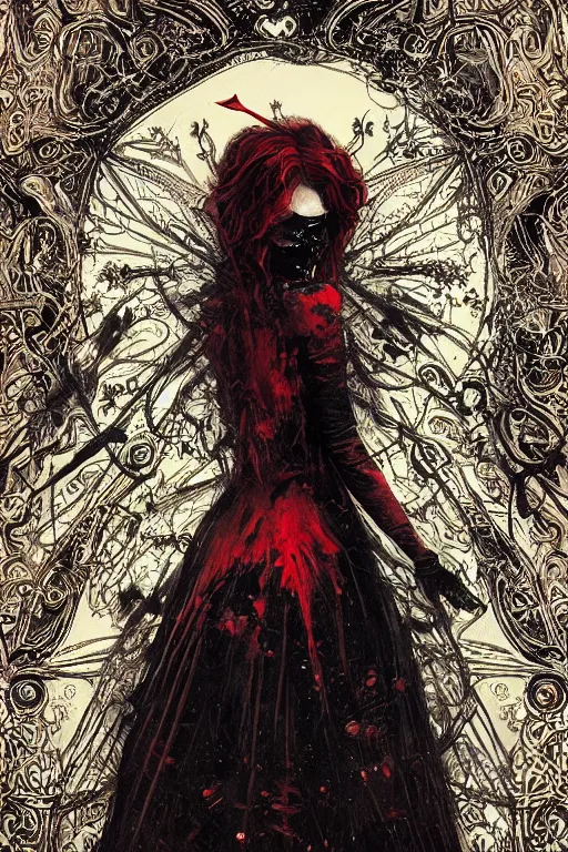 Prompt: red queen of death, Necro style, insanely detailed and intricate bright black line, golden ratio, elegant, gothic fog, ornate, horror, elite, bright and bright, painted by Caravaggio, Greg rutkowski, Sachin Teng, Thomas Kindkade