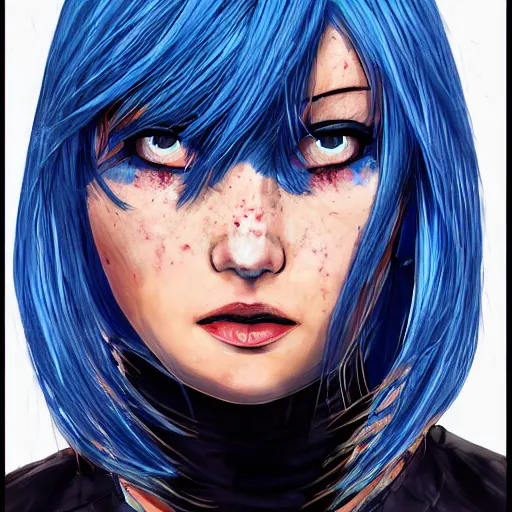 Image similar to full face shot of rimuru tempest, sky blue straight hair, long bangs, with amber eyes, wearing a black jacket, high collar, ultra detailed, concept art, award winning photography, digital painting, cinematic, wlop artstation, closeup, pixiv, evil, yoshitaka amano, andy warhol, ilya kuvshinov,