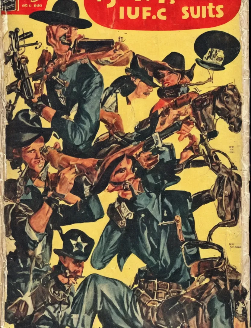 Image similar to 1950s pulp magazine featuring Hot Shots Megee a gunslinger cowboy who wears a Lone Ranger mask, detailed