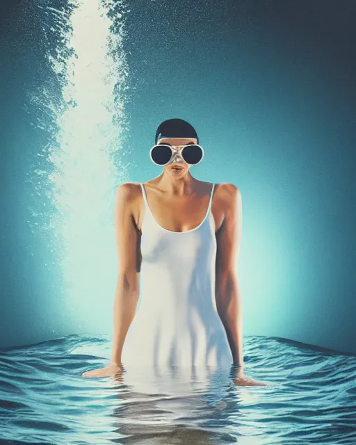 Image similar to a woman in a white dress standing in the water, an album cover by stanley twardowicz, trending on cg society, retrofuturism, retrowave, chillwave, synthwave