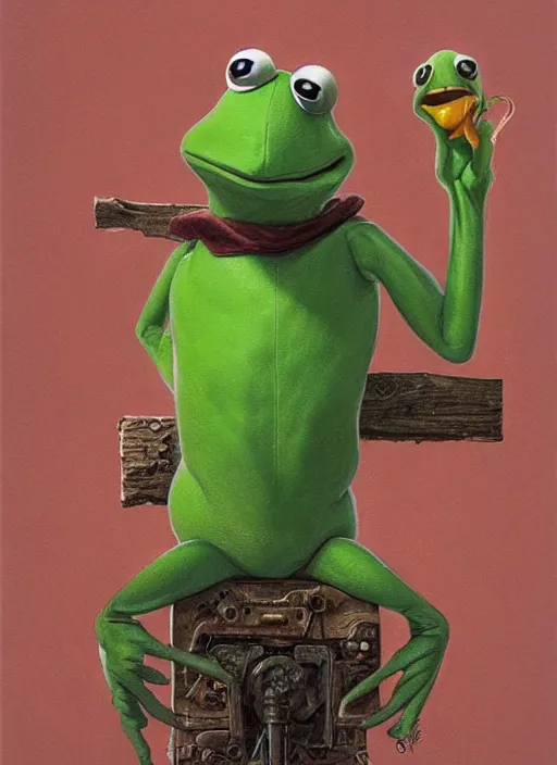 Prompt: portrait of Kermit the frog in Society (1989), highly detailed, centered, solid color background, digital painting, artstation, concept art, smooth, sharp focus, illustration, artgerm, donato giancola, Joseph Christian Leyendecker, Les Edwards, Ed Repka, WLOP