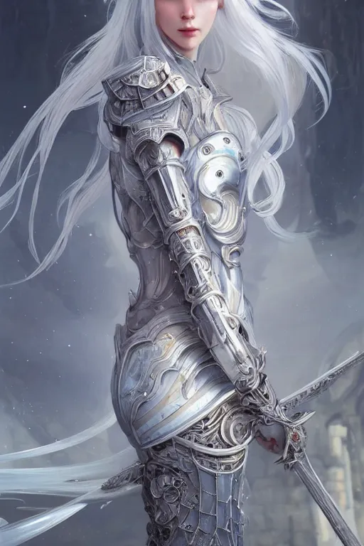 Image similar to portrait white hair knights of Zodiac girl, Sliver ice color reflected armor, in ruined Agora of Athens Sunrise, ssci-fi and fantasy, intricate and very very beautiful and elegant, highly detailed, digital painting, artstation, concept art, smooth and sharp focus, illustration, art by tian zi and WLOP and alphonse mucha