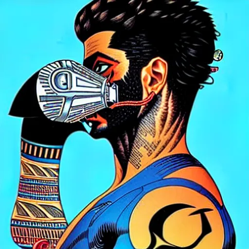 Image similar to a profile photo of a egyptian man with a diving oxygen mask with side profile blood in ocean intricate details by MARVEL comics and Sandra Chevrier-C