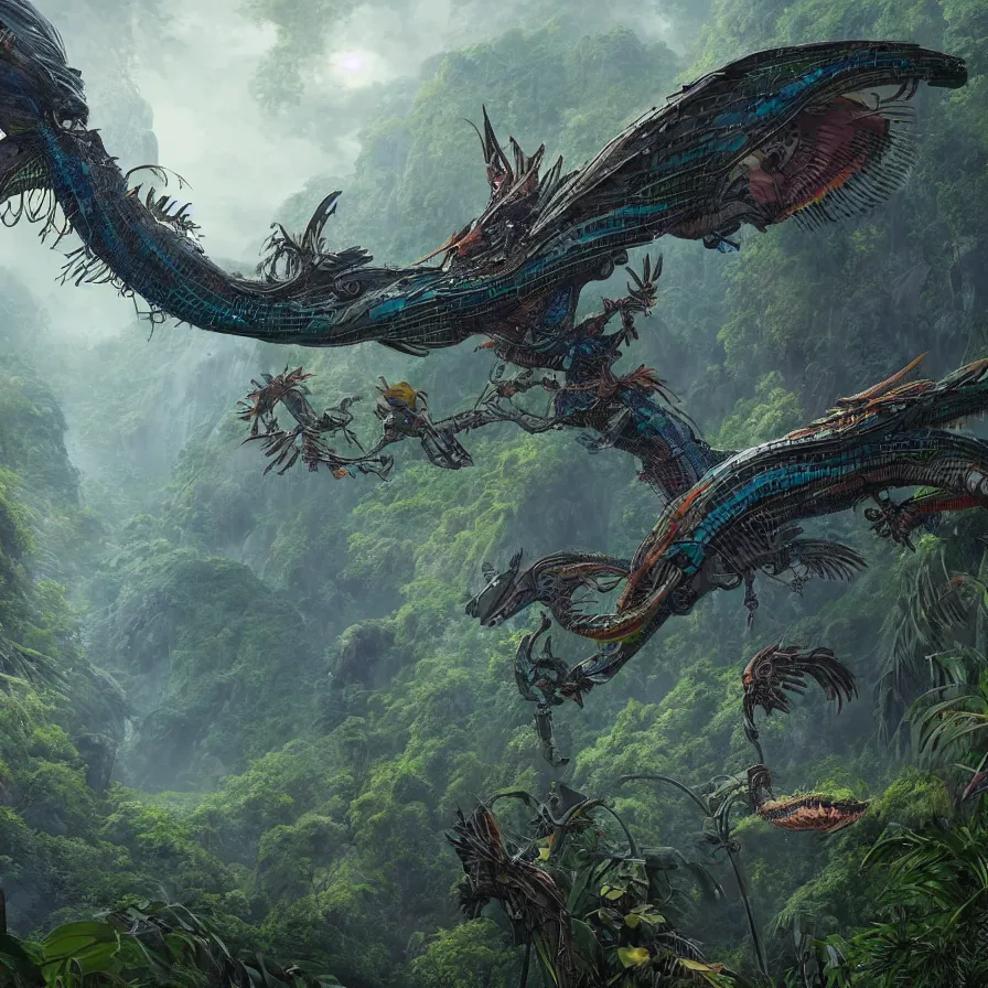 Image similar to hyperrealistic matte painting of futuristic robot quetzalcoatl, dragon, feathered dragon, flying above the jungle by eddie mendoza, jim burns, ed binkley, beeple, 4 k, trending on cgsociety