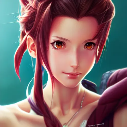 Image similar to aerith from final fantasy by Stanley Artgerm Lau, WLOP, Rossdraws, James Jean, Andrei Riabovitchev, Marc Simonetti, and Sakimichan, trending on artstation