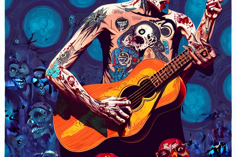 Image similar to zombie punk rocker playing acoustic guitar, tristan eaton, victo ngai, artgerm, rhads, ross draws, intricated details, 3 / 4 view, full body portrait