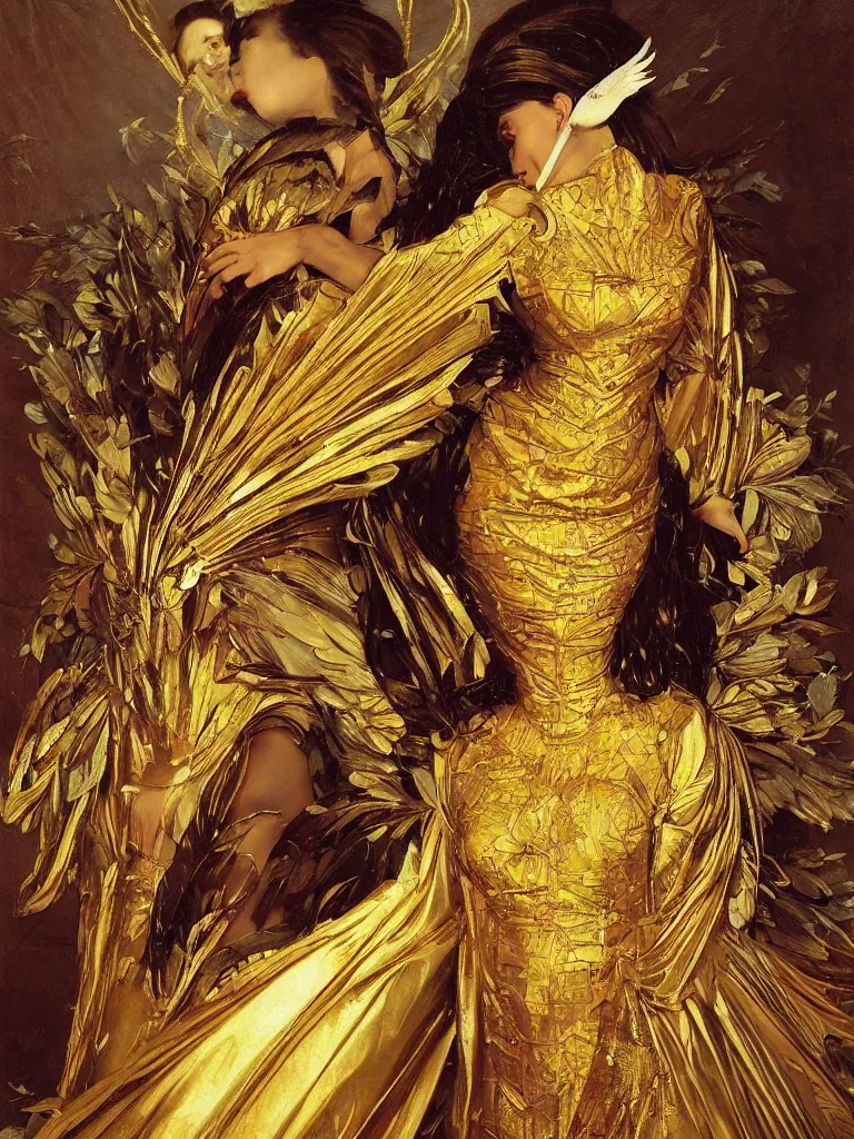 Image similar to portrait of a beautiful queen in winged golden armor, with luminous eyes , full-length, oil painting , very detailed, out of focus background, painted by Caravaggio, Greg rutkowski, Sachin Teng, Thomas Kindkade, Alphonse Mucha, Norman Rockwell, Tom Bagshaw