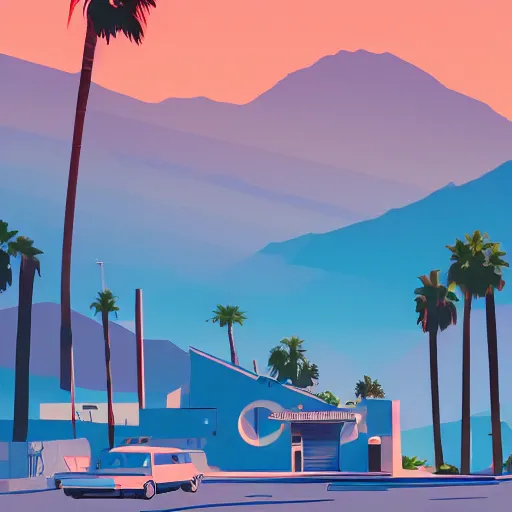 Image similar to a beautiful illustration of palm springs by James gilleard, artstation HD, geometric lines, HD, 4k, 8k