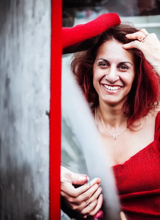 Image similar to color portrait of a beautiful 35-year-old smiling Italian woman, wearing a red outfit, candid street portrait in the style of annie leibovitz close up, detailed, award winning, Sony a7R