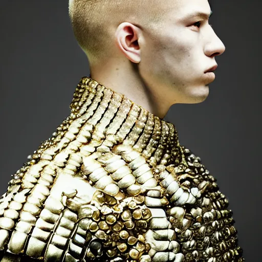 Prompt: a portrait of a beautiful young male wearing an alexander mcqueen armor made of bubble gum , photographed by andrew thomas huang, artistic