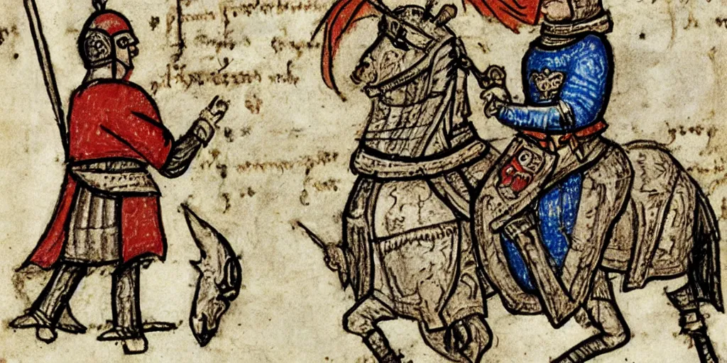 Prompt: a ancient medieval drawing Donald Trump as a medieval Knight in an medieval manuscript