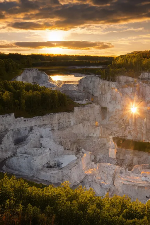 Image similar to a waterfilled limestone quarry, beautiful golden hour light, cinematic, oland in sweden, south of sweden