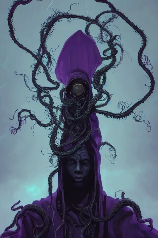 Image similar to A full body portrait of a mysterious shaman with no face with a very long hooded dark purple cloak tentacles and vines coming out the ground art by Maciej Kuciara and Jason Chan, ominous, cosmic horror, trending on artstation, Ultra detailed, hyper realistic 4k