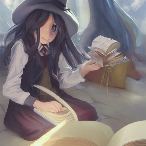 Prompt: little witch opening a book, artwork by cushart, krenz