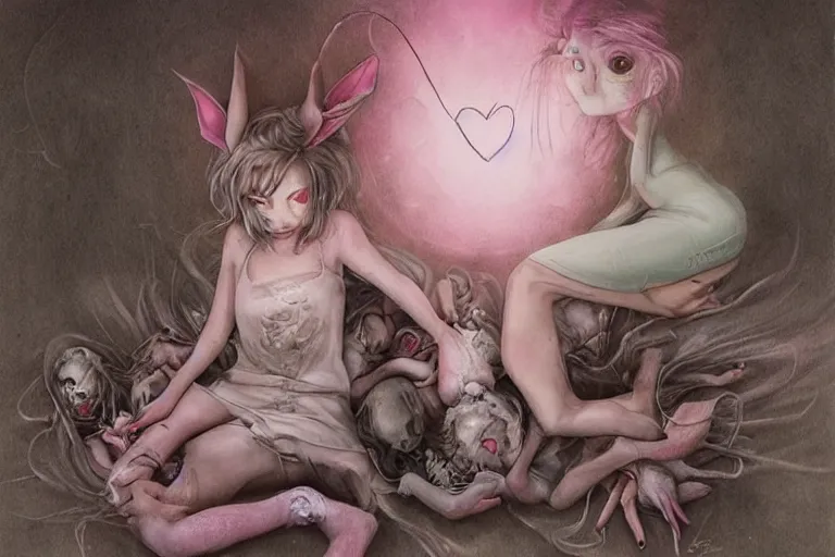 Prompt: Keeping you sane And you fade away just enough, You felt the edge again, You took two pills And you fell asleep, Hugging six rabbits, And having pink nightmares, concept art, trade on artstation, sharp focus, psychedelic, by Yoshitaka Amano, Mark Ryden, Gloom, Peter Mohrbacher, fantasy art, masterpiece, Hyperrealism. Subsurface scattering. Octane Render. Weirdcore